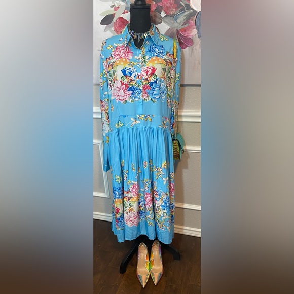 Blue Floral Collared Bishop Sleeve Dress || Size 2XL - Picture 7 of 14